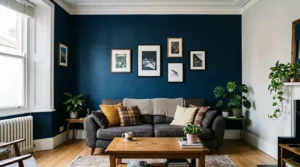 Deep blue feature wall painted behind a sofa in a British living room.