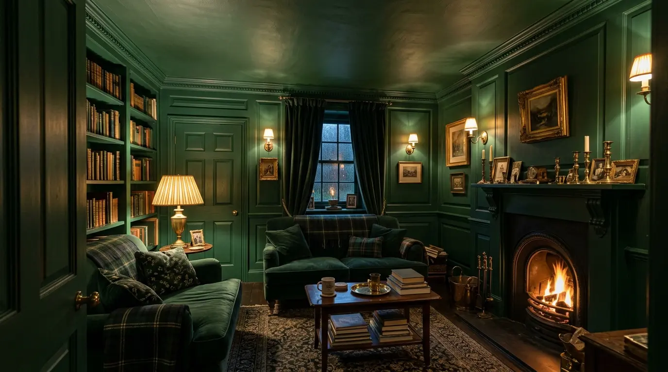 Deep green colour-drenched snug with matching walls and ceiling.