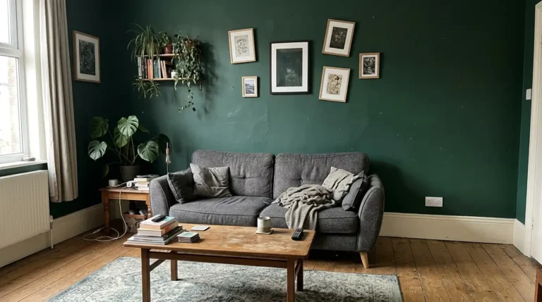 Deep green feature wall in a British living room behind the sofa.