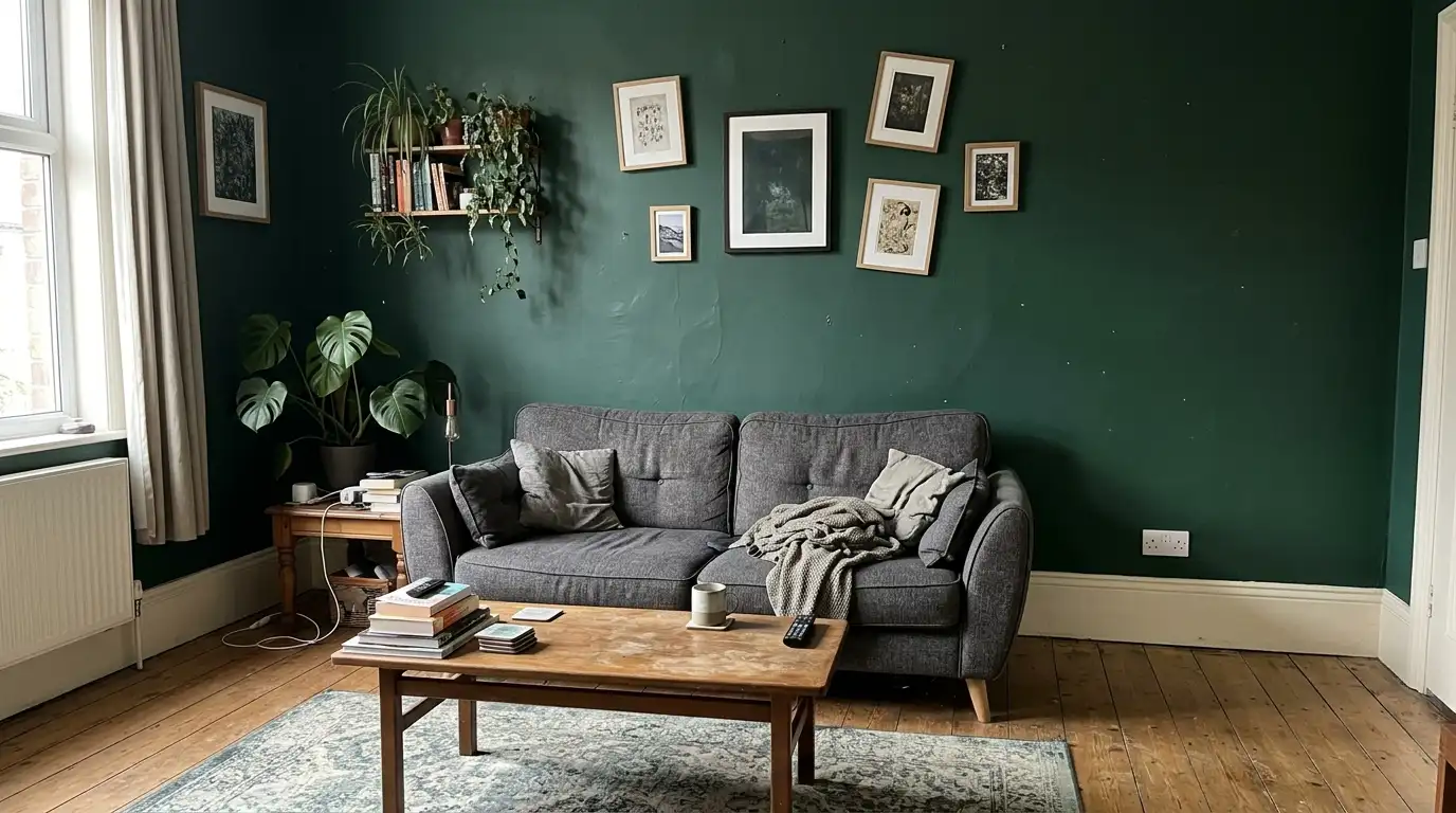 Deep green feature wall in a British living room behind the sofa.