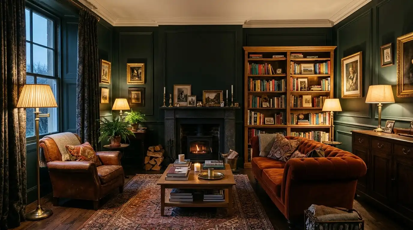 Deep green living room walls with brass and oak for a dramatic look.