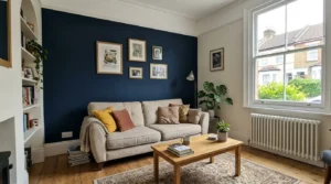 Deep navy feature wall behind a sofa in a British living room.