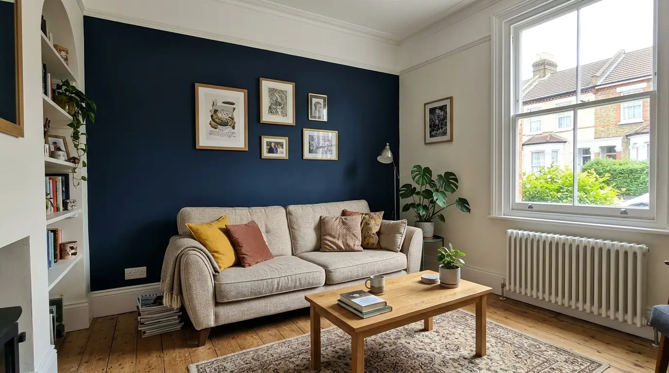 Deep navy feature wall behind a sofa in a British living room.