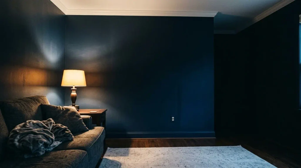 Deep navy living room with white ceiling, table lamp, and pale rug.
