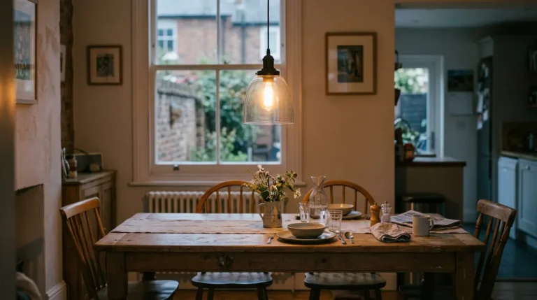Pendant light hanging over a dining table in a British home with warm lighting.