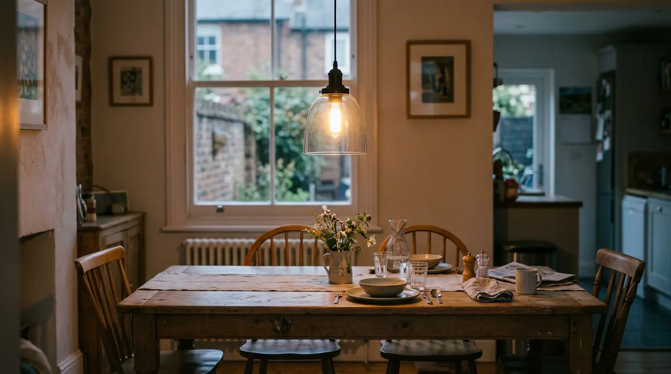 Pendant light hanging over a dining table in a British home with warm lighting.