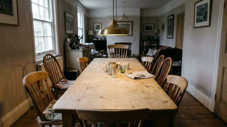 Brass pendant light hanging over a timber dining table in natural light.