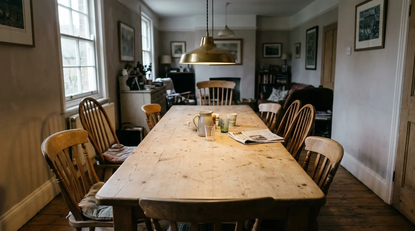 Brass pendant light hanging over a timber dining table in natural light.