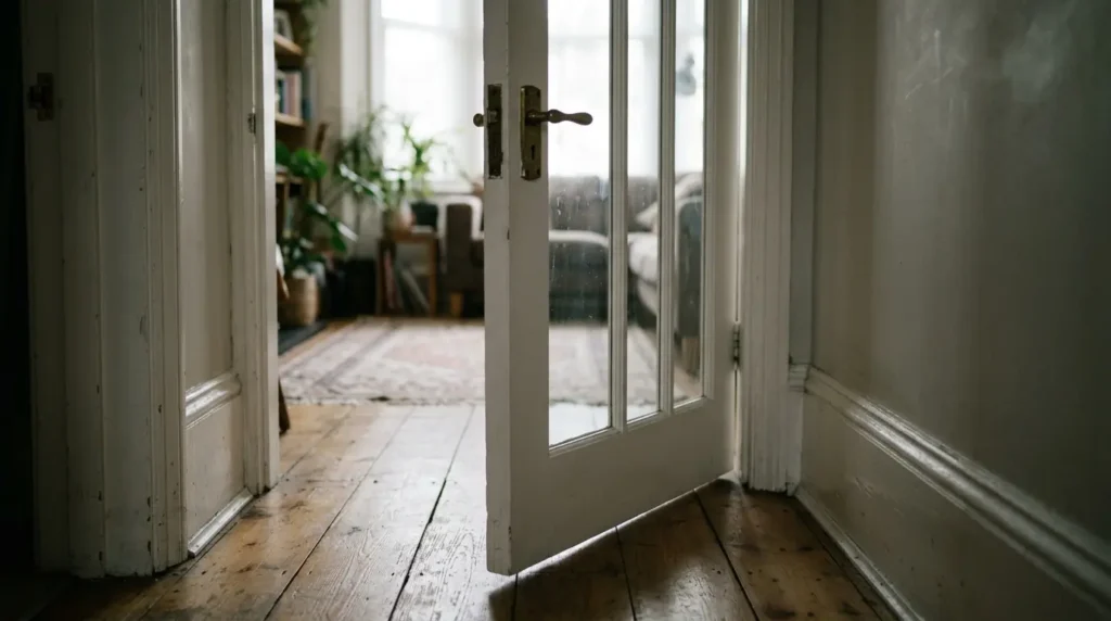 White glazed internal door letting daylight into a narrow UK hallway.