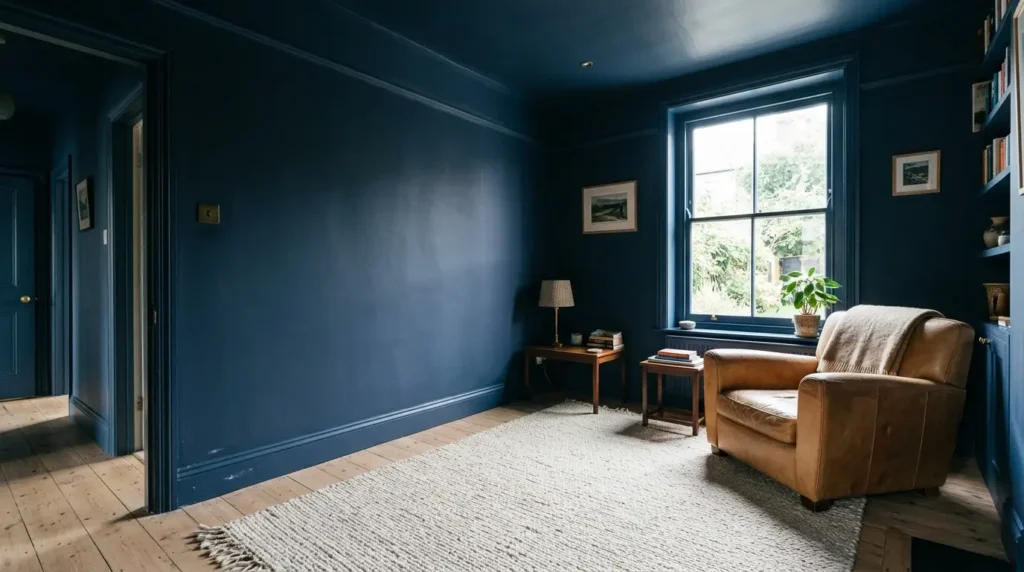 Colour-drenched dark navy living room with matching ceiling and skirting boards