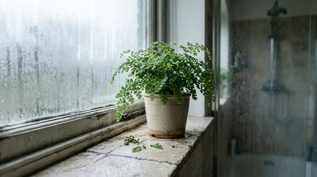 Fern on a bathroom windowsill with natural light and condensation on the glass.
