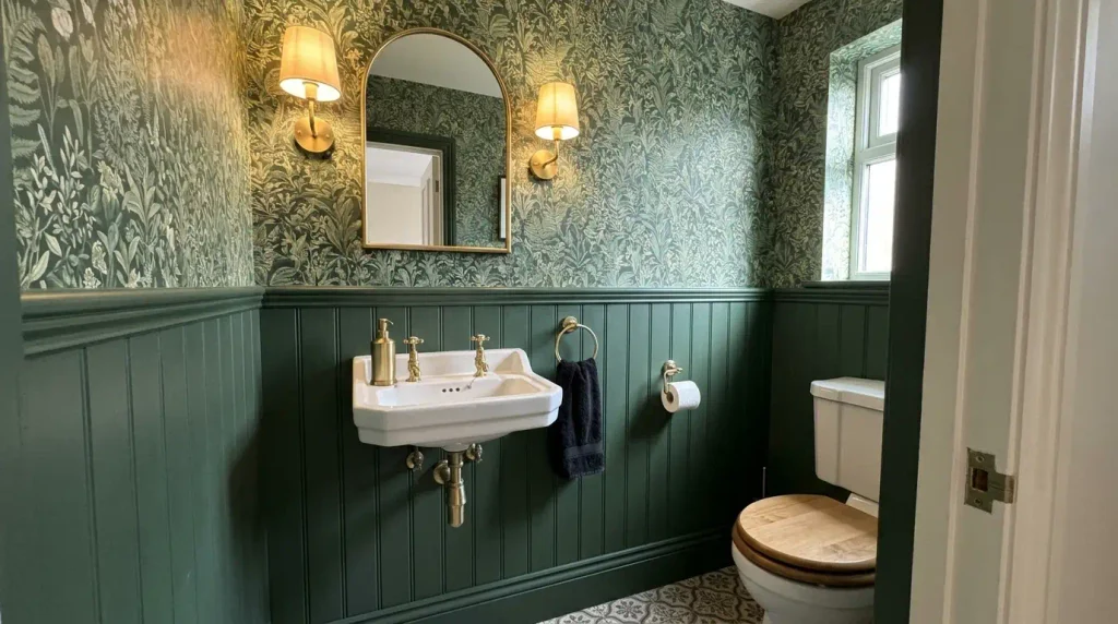 Forest green panelling and wallpaper in a cloakroom.