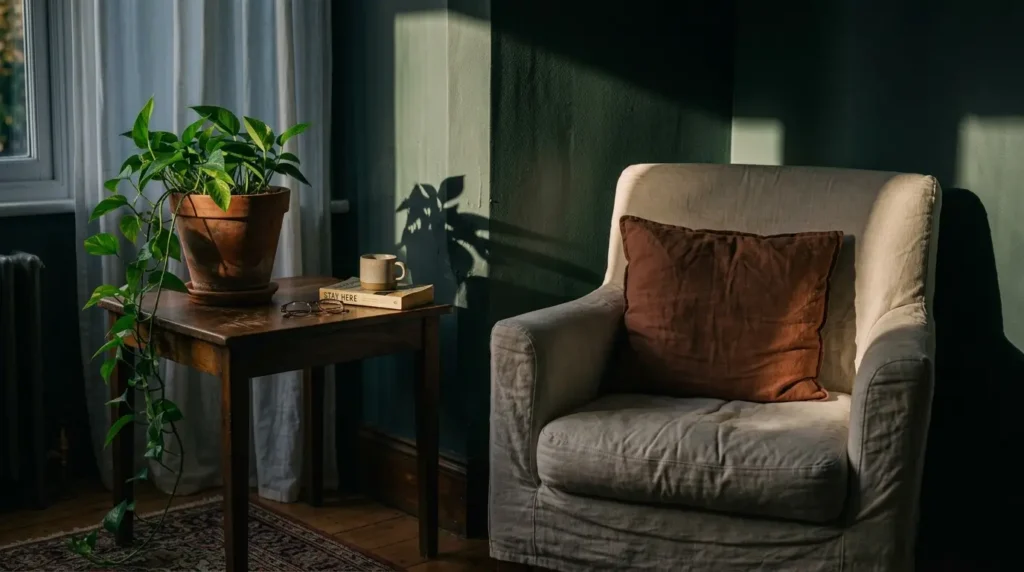 Dark green living room walls with walnut furniture and terracotta cushions in evening lamplight