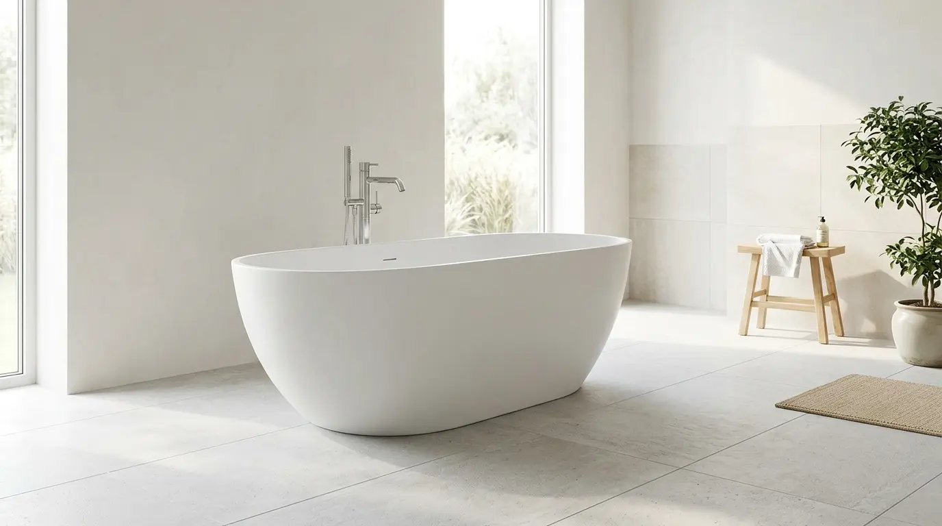 Freestanding bath with adequate clearance in a UK bathroom.
