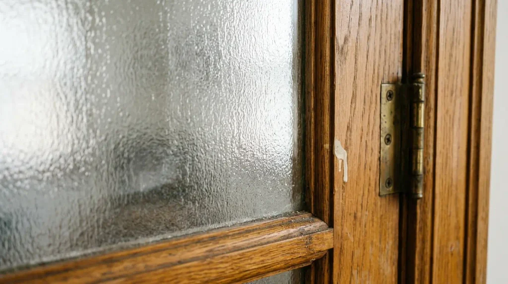 Frosted glass panel in an oak internal door allowing diffused light.
