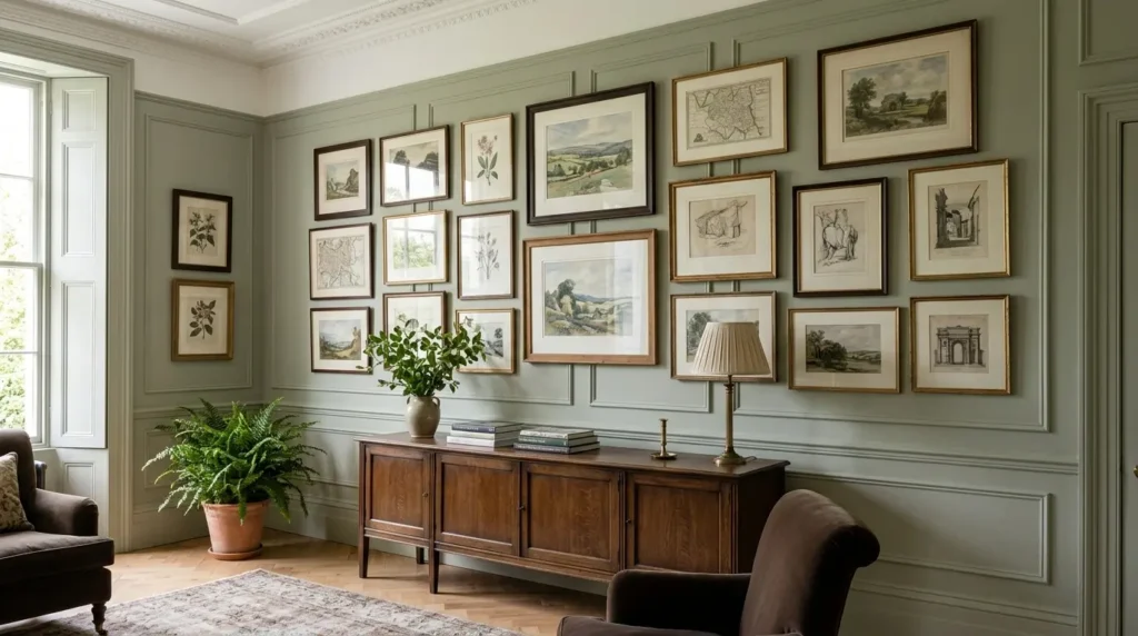Gallery wall of mixed frames filling a previously blank wall.