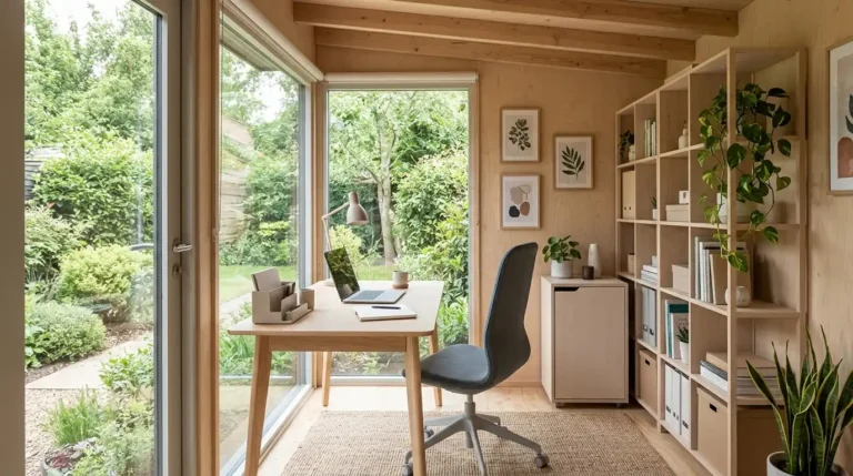 Garden office interior set up for work.