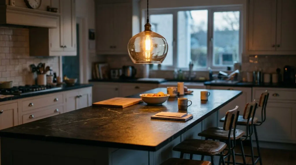 Glass pendant light hanging over a kitchen island.