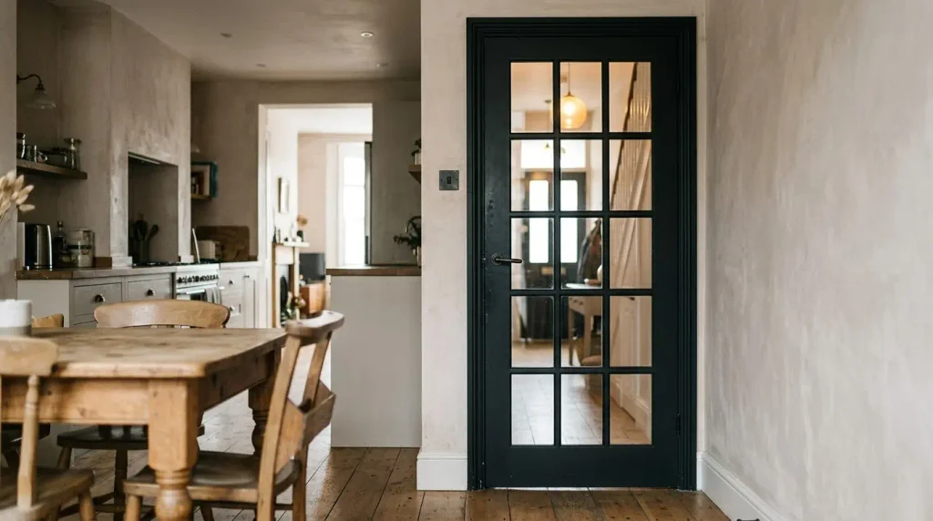 Matte black framed glazed internal door in a modern kitchen-diner.
