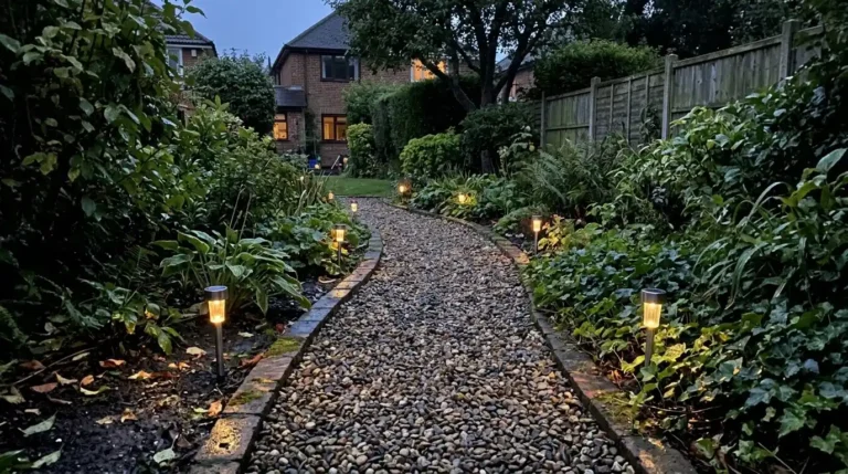 Garden path with solar lights at dusk in a UK garden.