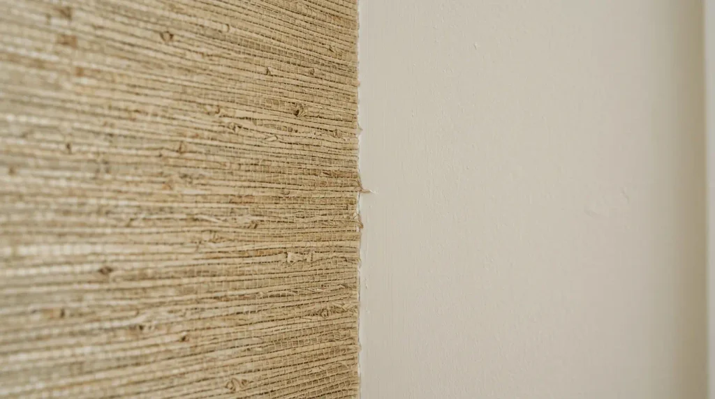 Grasscloth wallpaper meeting a plain wall in a bedroom corner.