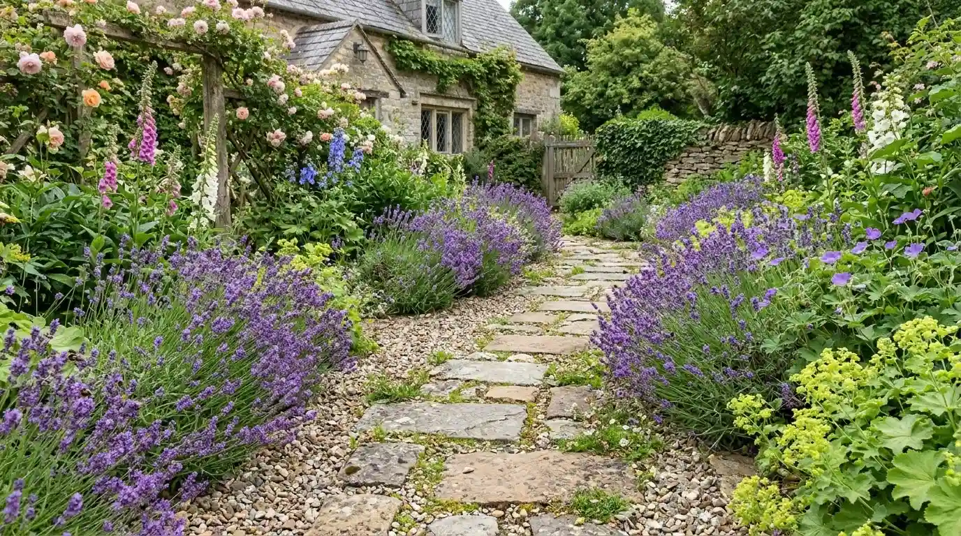 Gravel and stone garden path adding structure through planted borders.