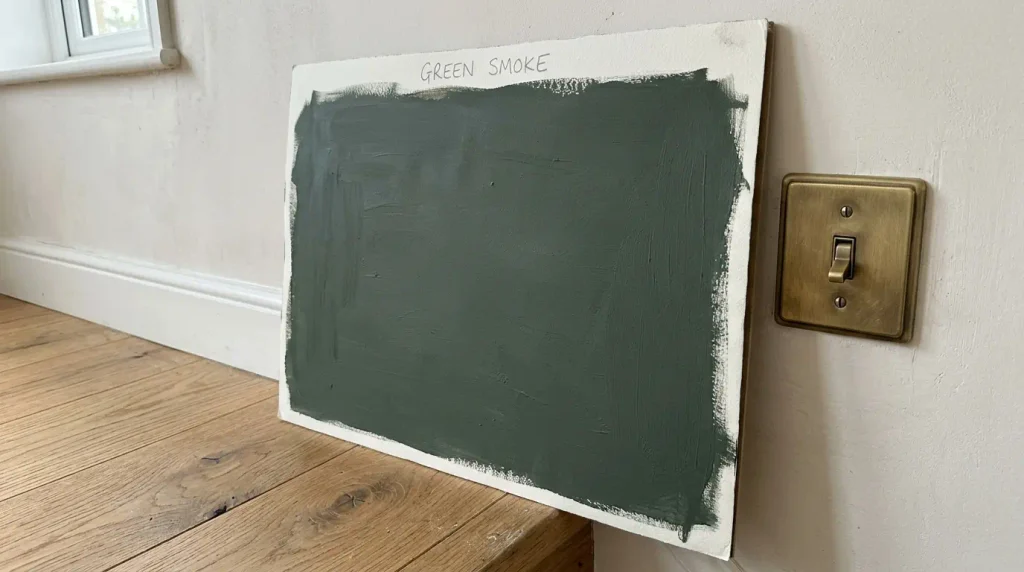 Green Smoke paint sample tested against oak floor.