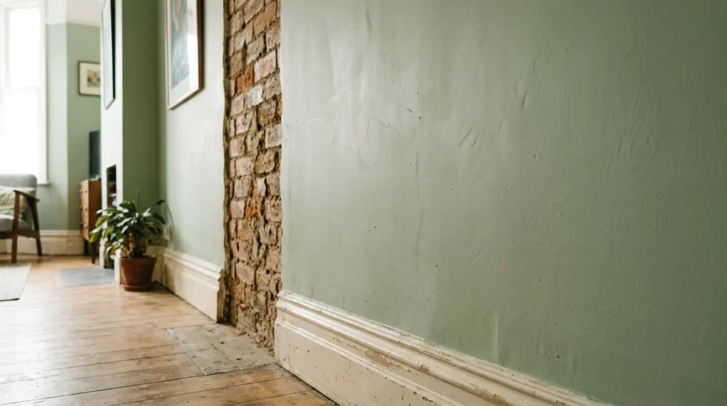 Soft sage green wall meeting skirting and brick in a farmhouse living room