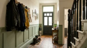 Hallway with half-height painted wall panelling.