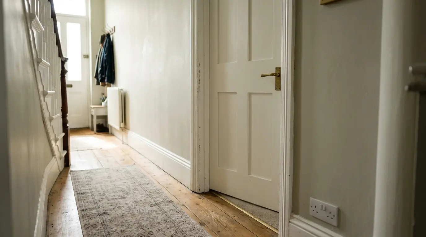 Shaker-style internal door in a British hallway with natural light.