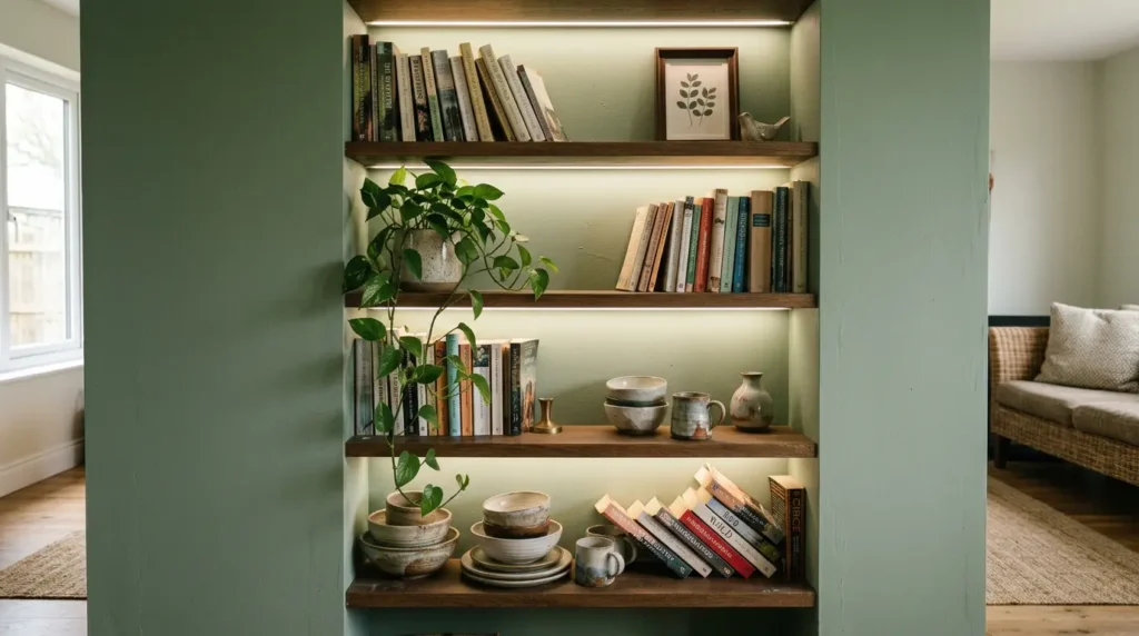 Warm white LED strip lighting under living room shelves with books, plants and ceramics