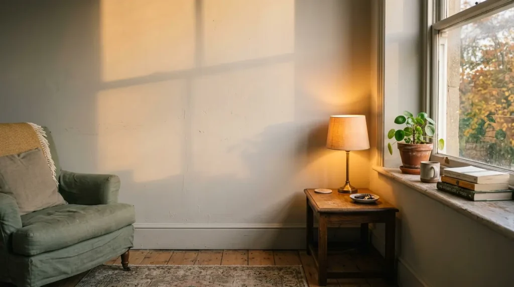 Daylight falling across a living room wall at different angles, showing how light changes a paint colour