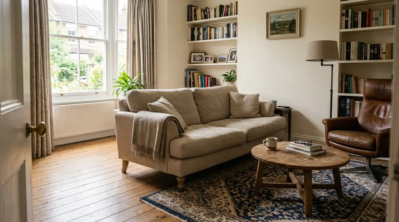 How to arrange living room furniture with a floating sofa, large rug, side table and clear walkway in a bright lounge