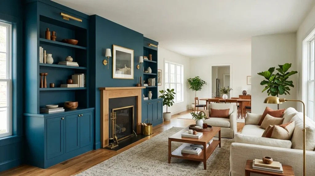 Inchyra Blue is a rich teal-blue that remains popular for living room feature walls and cabinetry.