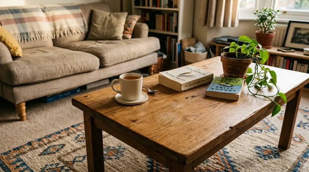 Solid timber coffee table with coasters, books and a mug in a lived-in living room