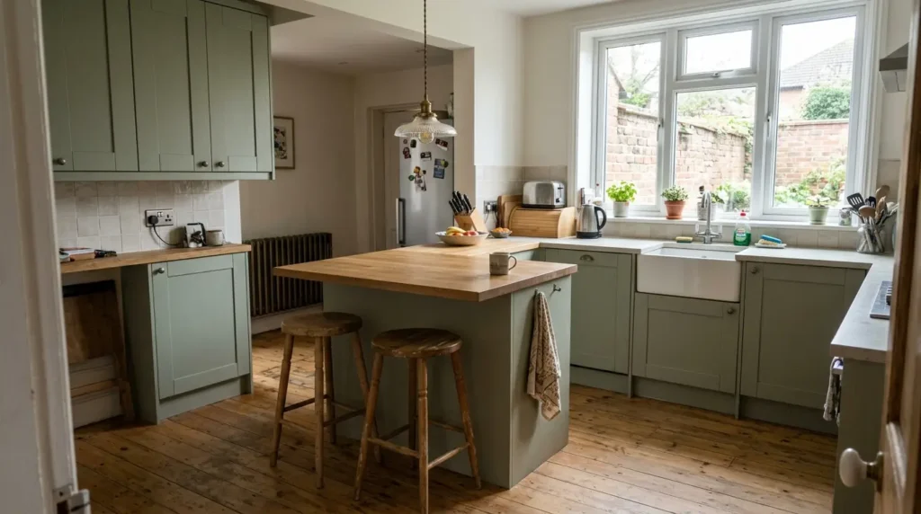 Kitchen with two stools at a breakfast bar for sociable seating.