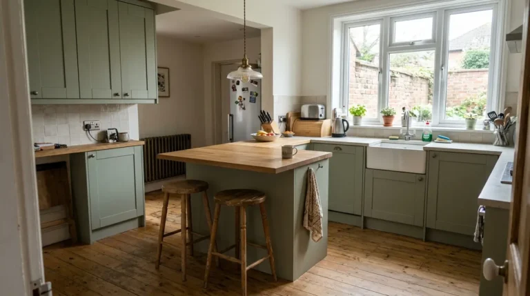 Kitchen with two stools at a breakfast bar for sociable seating.