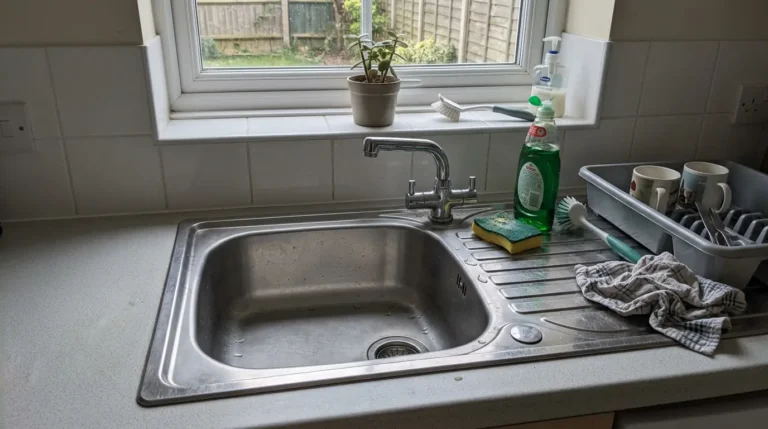 Kitchen sink with a single bowl and mixer tap in a UK kitchen.