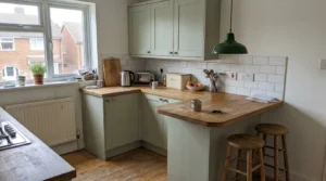 Kitchen breakfast bar with two stools in a room without a separate dining room.