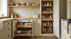 Organised kitchen storage with open larder and drawers.