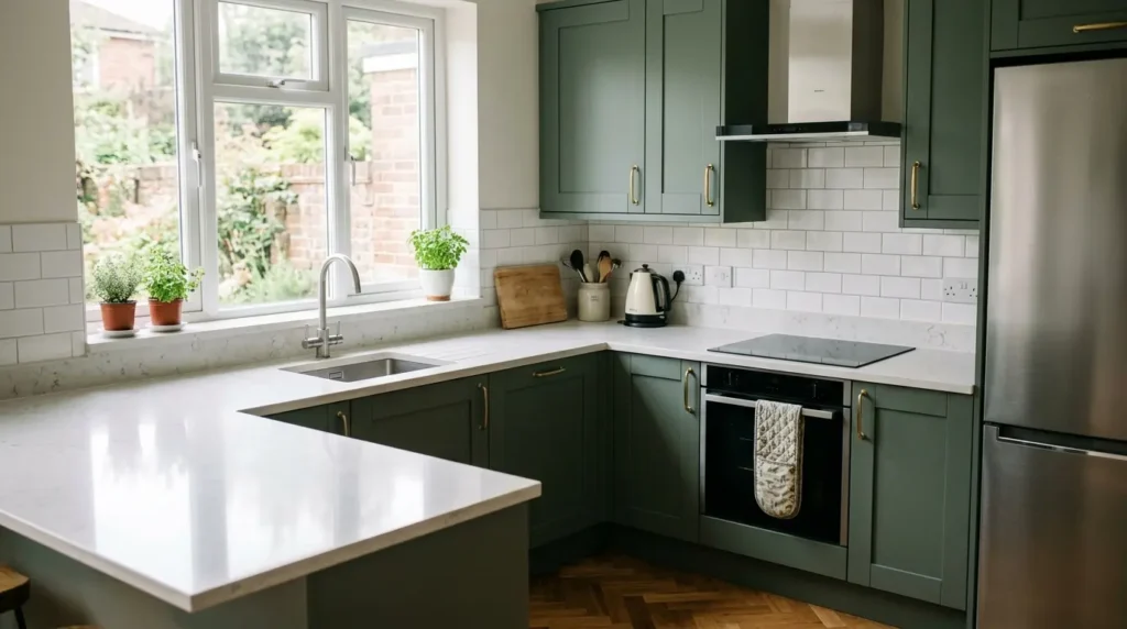 L-shaped kitchen showing sink, hob and fridge forming a work triangle