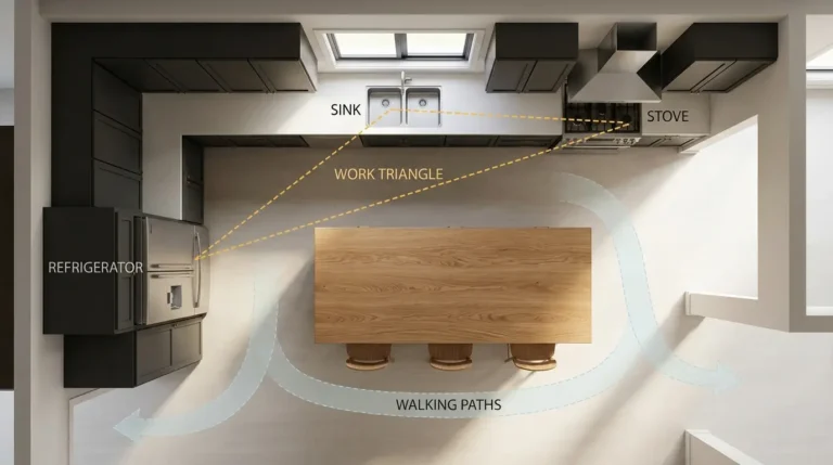 Overhead view of an L-shaped kitchen layout with island, clear walkways and work triangle marked