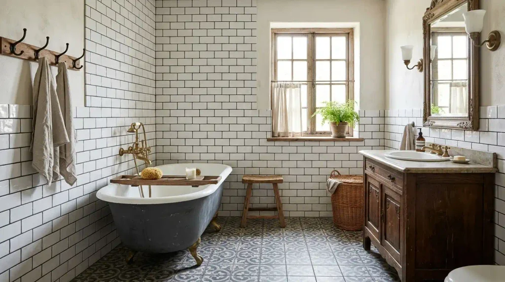 Pair classic metro tiles with a patterned or encaustic-style floor for a farmhouse style bathroom that feels collected rather than copied.