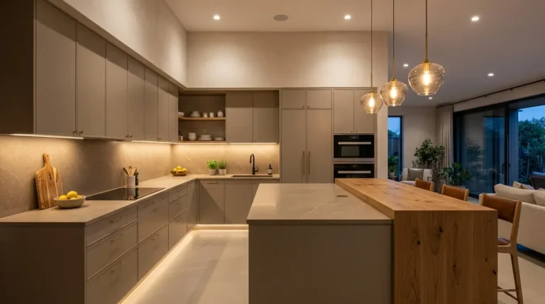 Kitchen with recessed downlights, under-cabinet LED strips illuminated and three pendants over the island