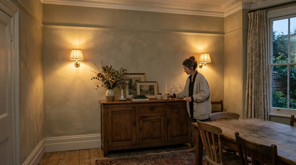 Wall lights adding ambient glow in a UK dining room