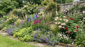 Layered garden border planted from scratch with mixed perennials and foliage.