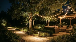 Layered garden lighting on a path and seating area at night.