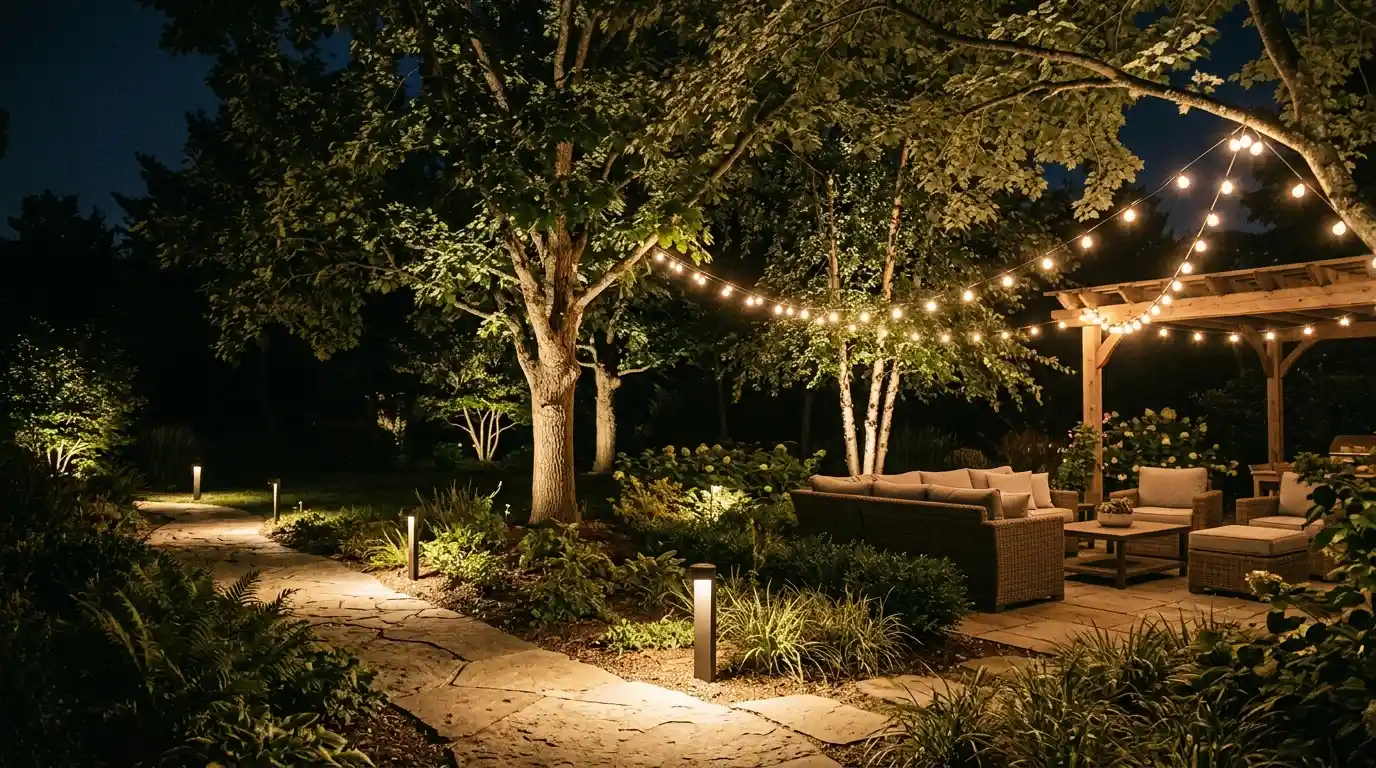 Layered garden lighting on a path and seating area at night.