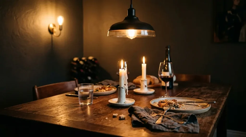 Dining table lit by a dimmed rattan pendant and a wall light, with candles and linen napkins set for dinner