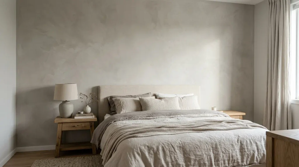 A limewash-style or mineral finish on the bed wall gives movement that flat emulsion does not.